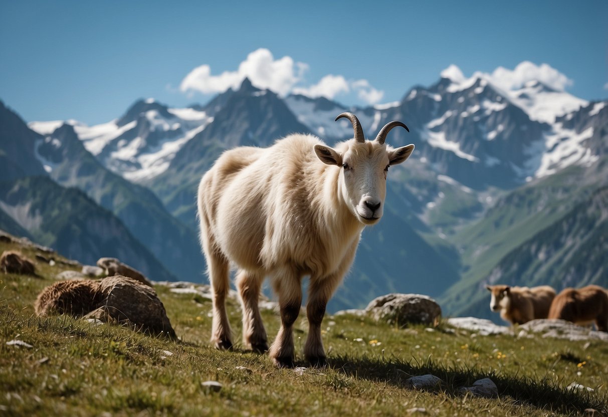 Alpine landscape with grazing animals, clear blue sky, and snow-capped mountains in the background. Wildlife includes mountain goats, marmots, and birds