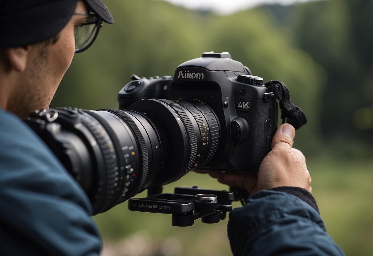 A figure sets up camera gear and checks altitude gear