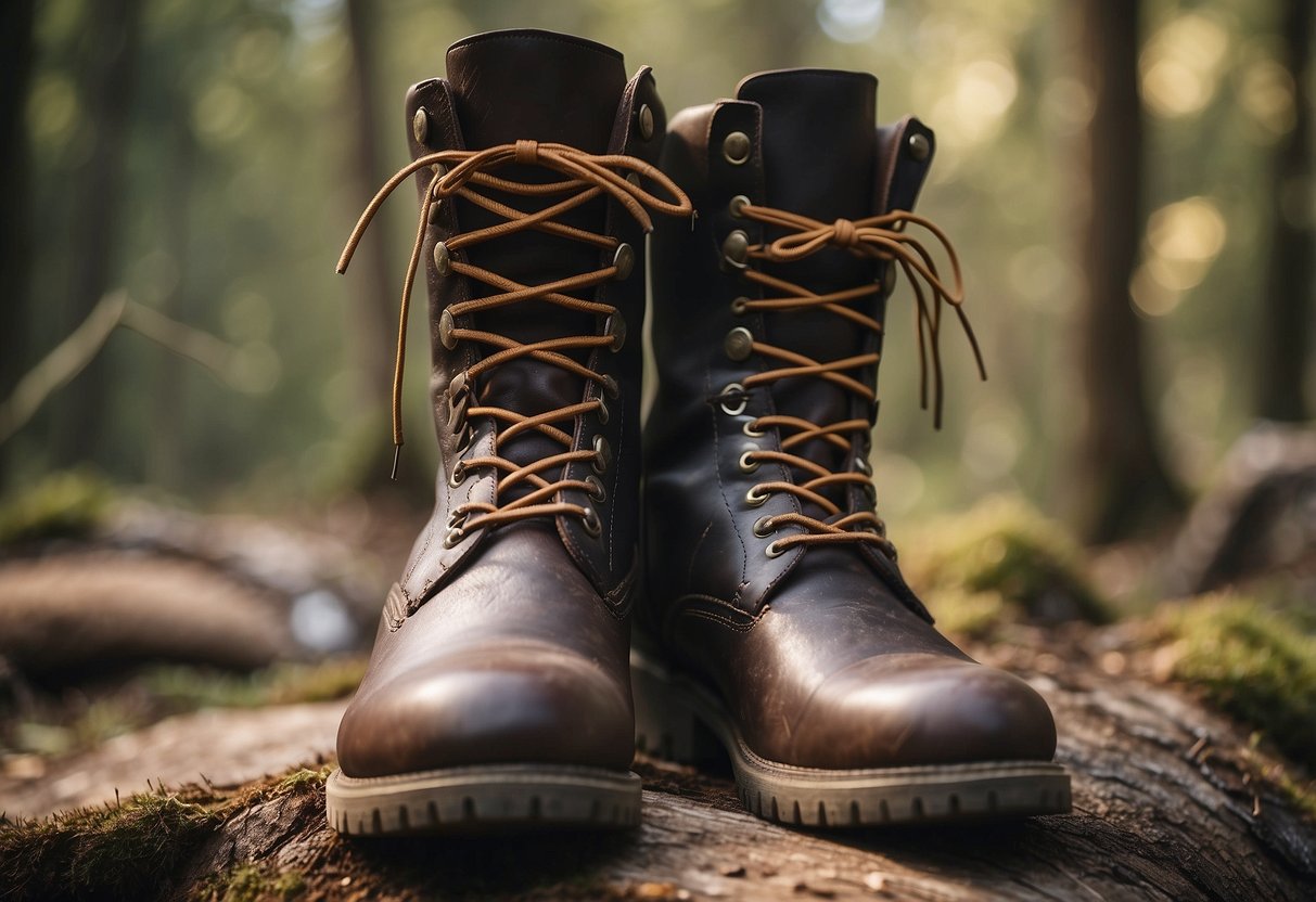 A pair of sturdy, comfortable boots surrounded by wildlife - birds, deer, and bears - in a natural setting