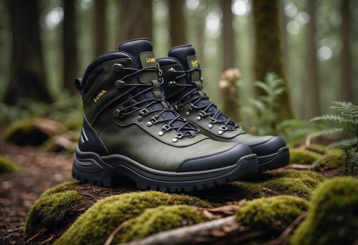 A pair of Lowa Renegade GTX Mid boots placed on a forest floor, surrounded by wildlife such as birds, deer, and rabbits