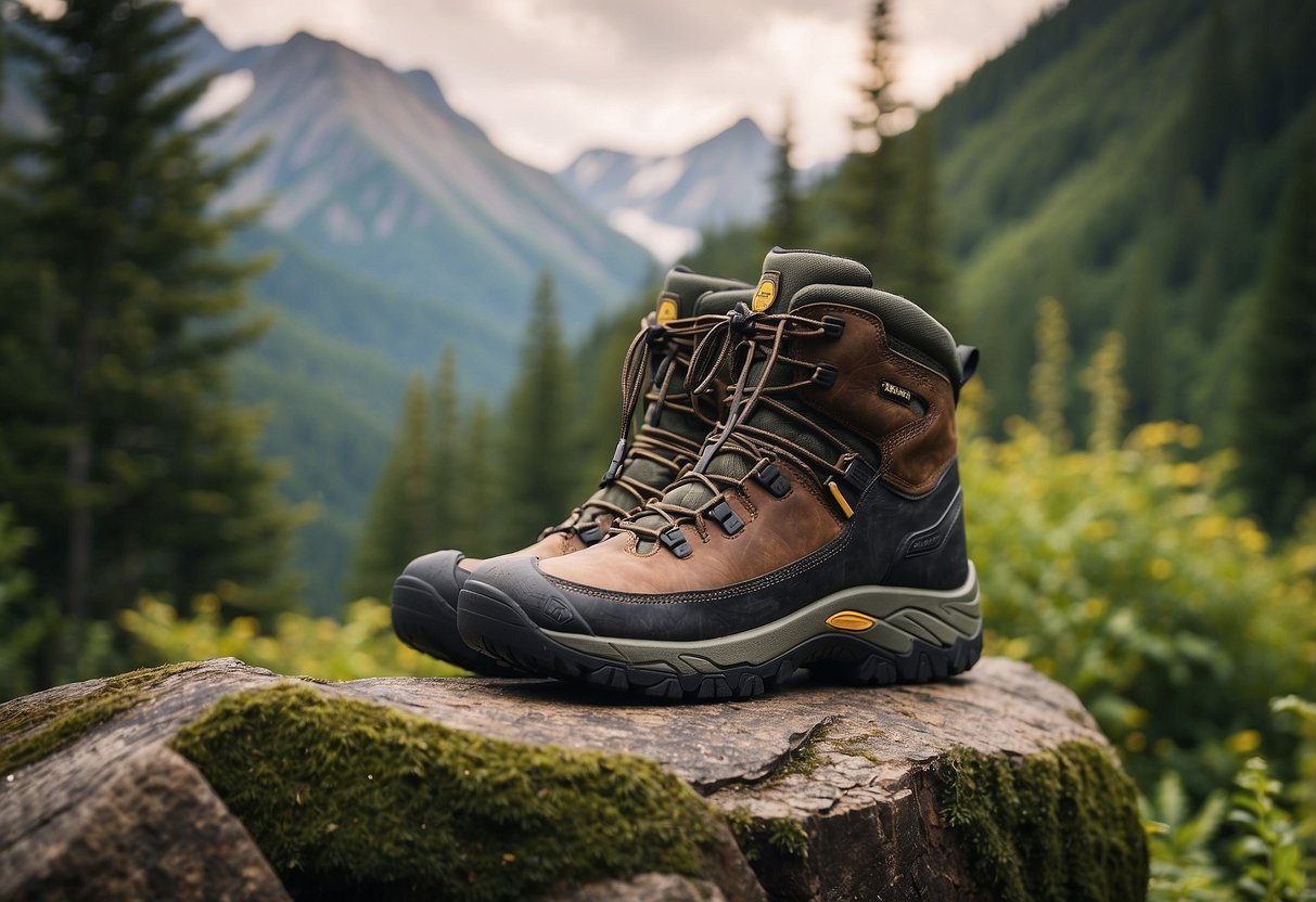 A pair of Keen Targhee III Waterproof boots set against a backdrop of lush greenery and wildlife, with a sense of comfort and durability