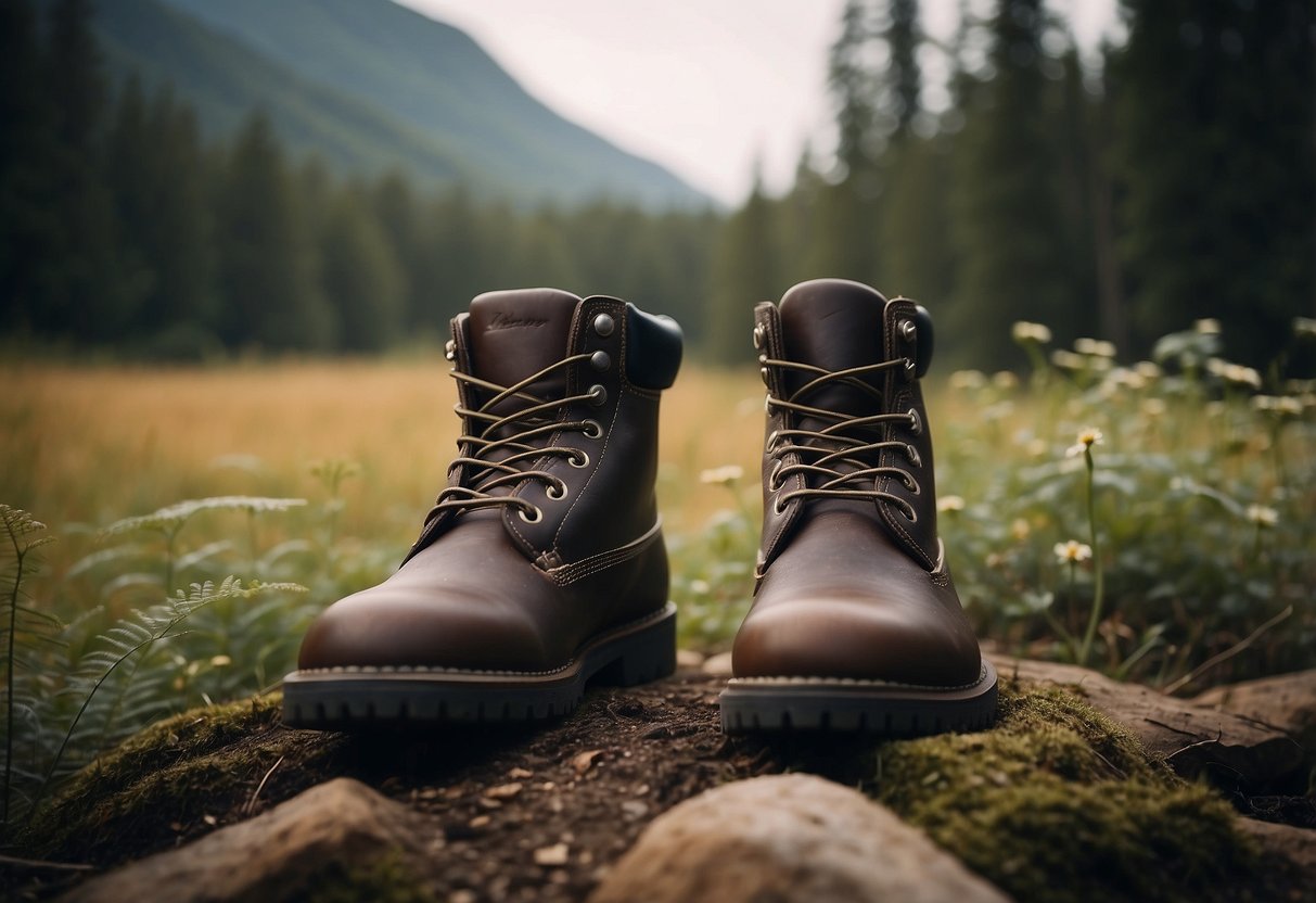 A pair of sturdy, comfortable boots surrounded by nature with wildlife in the background