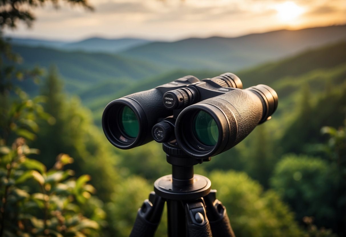 A pair of high-quality binoculars resting on a sturdy tripod, pointed towards a lush forest with various wildlife in the distance