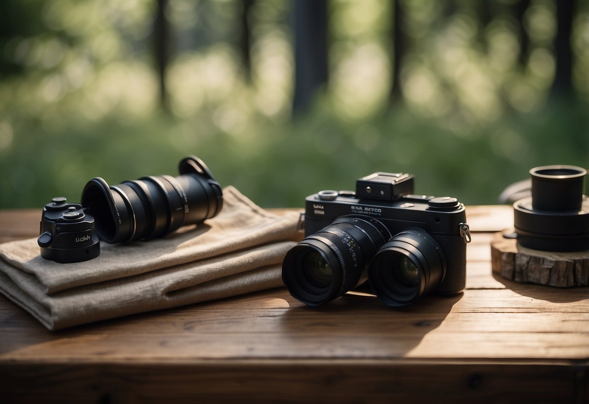 Neutral clothing laid out, binoculars, field guide, and camera on a table. Trees and wildlife in the background