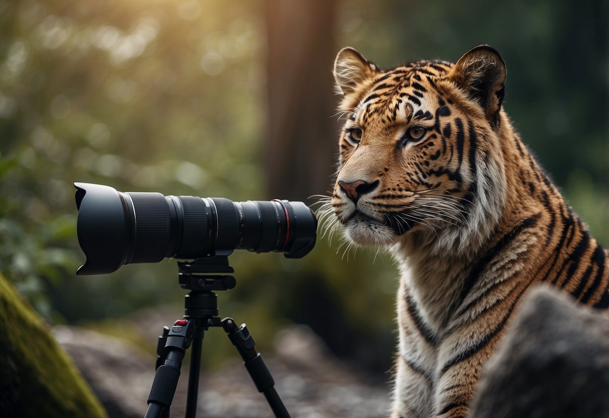 A wildlife photographer uses a telephoto lens to capture a close-up image of a majestic animal in its natural habitat, maintaining a safe distance