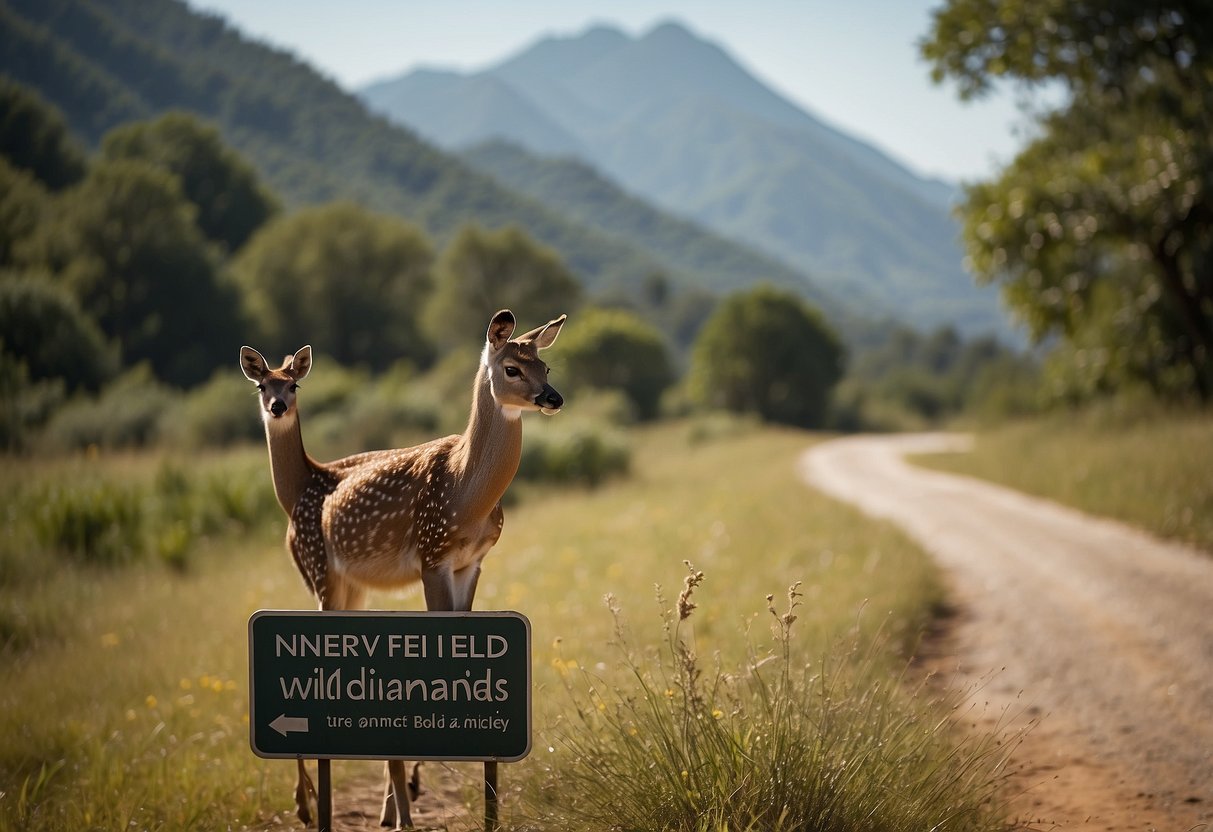 A sign with "Never Feed Wild Animals" in a natural setting with various wildlife in the background, showcasing safe wildlife watching