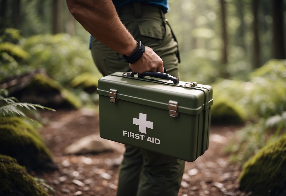 A person carries a first aid kit while observing wildlife in a natural setting