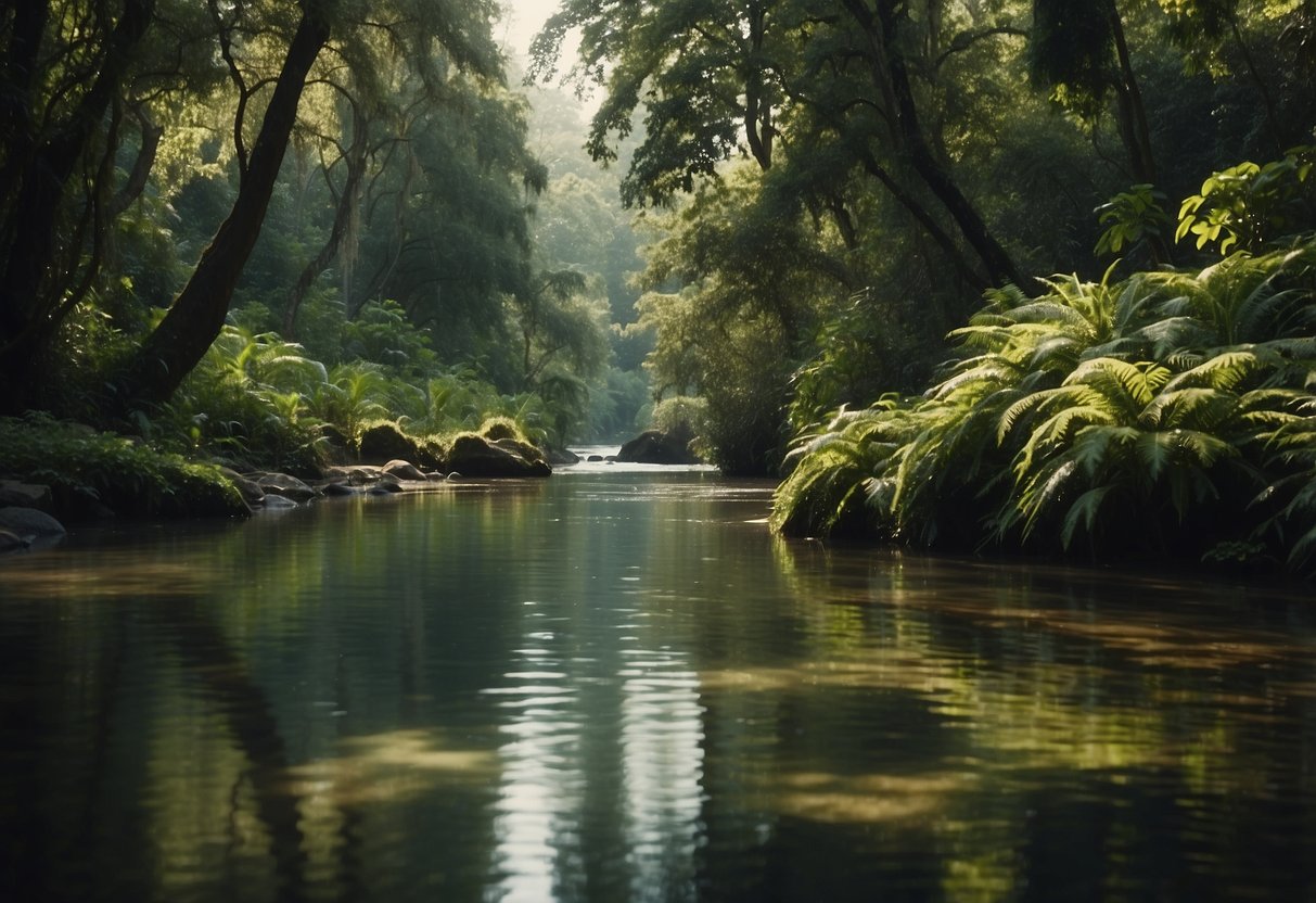 A lush forest with diverse wildlife, including birds, mammals, and reptiles, surrounded by a tranquil river and vibrant vegetation