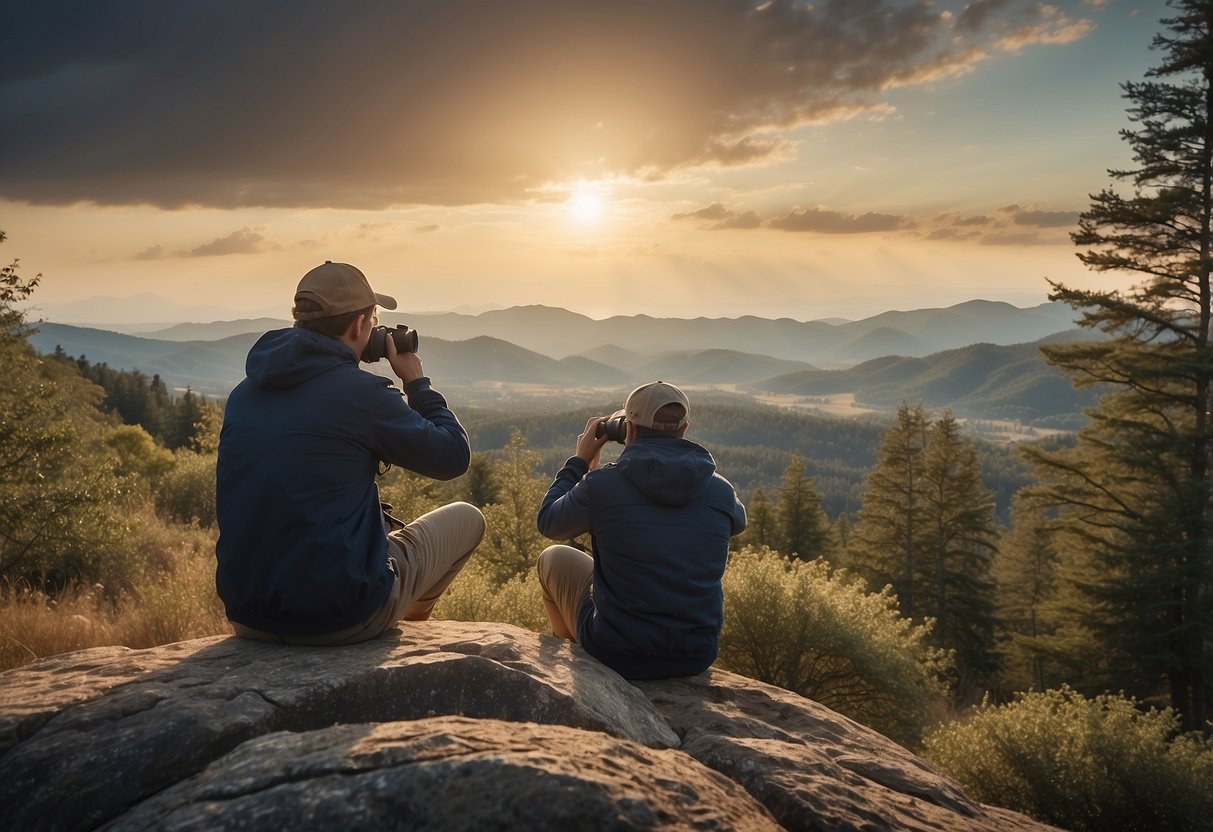 Wildlife watchers use binoculars, quietly observe animals, and respect their space. They avoid sudden movements and loud noises