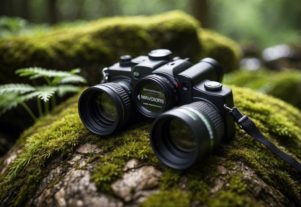 Lush forest with diverse wildlife, clear streams, and colorful flora. Binoculars, camera, and guidebook lay on a mossy rock. Leave-no-trace principles evident