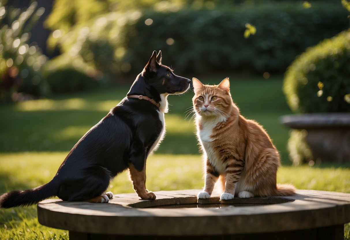 A dog and a cat quietly observe birds and squirrels in a lush, green backyard. A bird feeder and a small pond are visible in the background