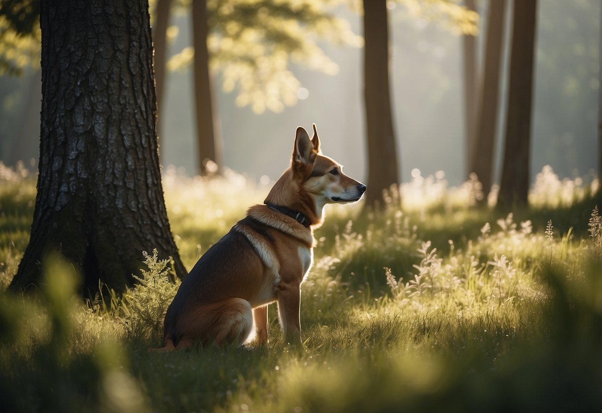 A dog and their owner quietly observe a group of deer grazing in a peaceful meadow, surrounded by lush greenery and tall trees