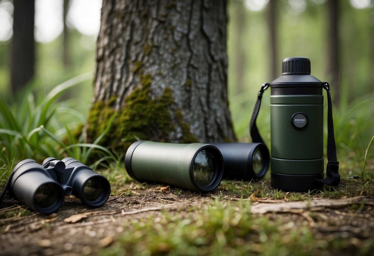 Lay out binoculars, water, and pet leash on a grassy trail. A bird feeder hangs from a tree, attracting wildlife. A dog sits patiently nearby