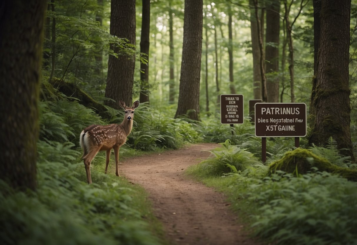 A winding trail through a lush forest, with signs reminding visitors to stick to designated paths. A family of deer grazes peacefully in a clearing, while a curious raccoon peers out from behind a tree