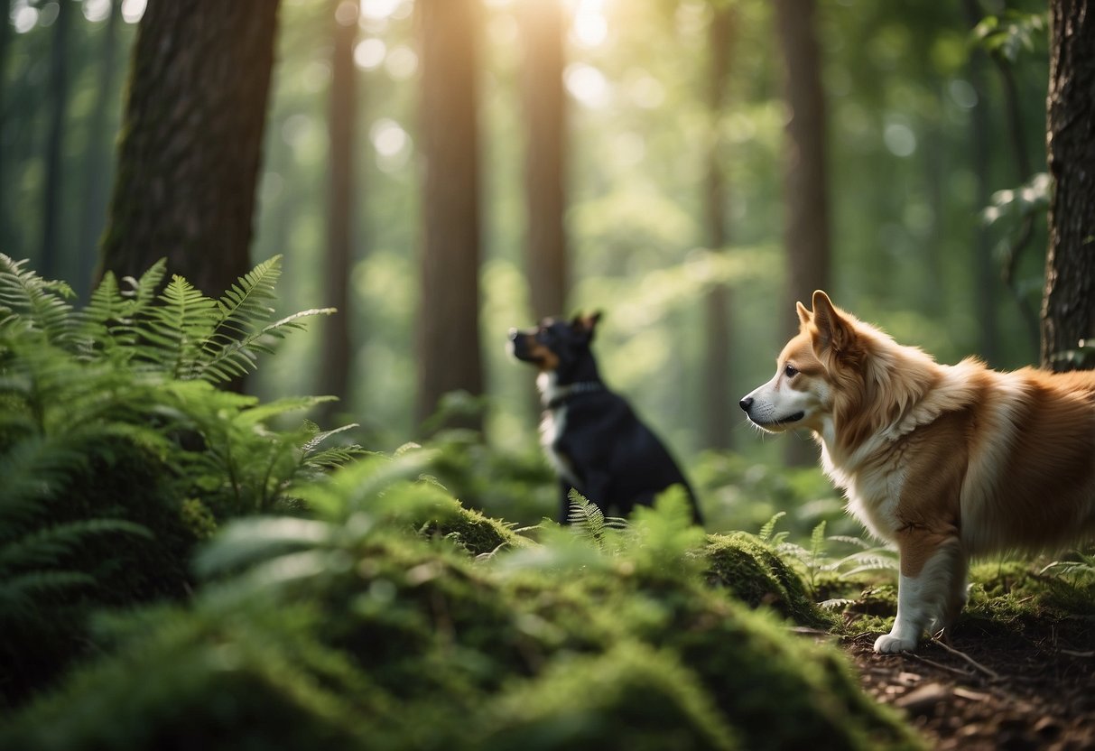 Lush forest with various wildlife. A dog and cat observe from a safe distance. Signs indicate respect for habitats