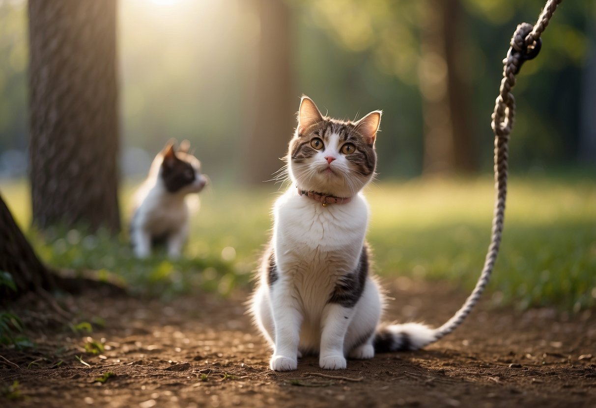 Pets sit attentively, leashes on, as their owner gives commands. Wildlife surrounds them, with birds in the trees and small animals on the ground