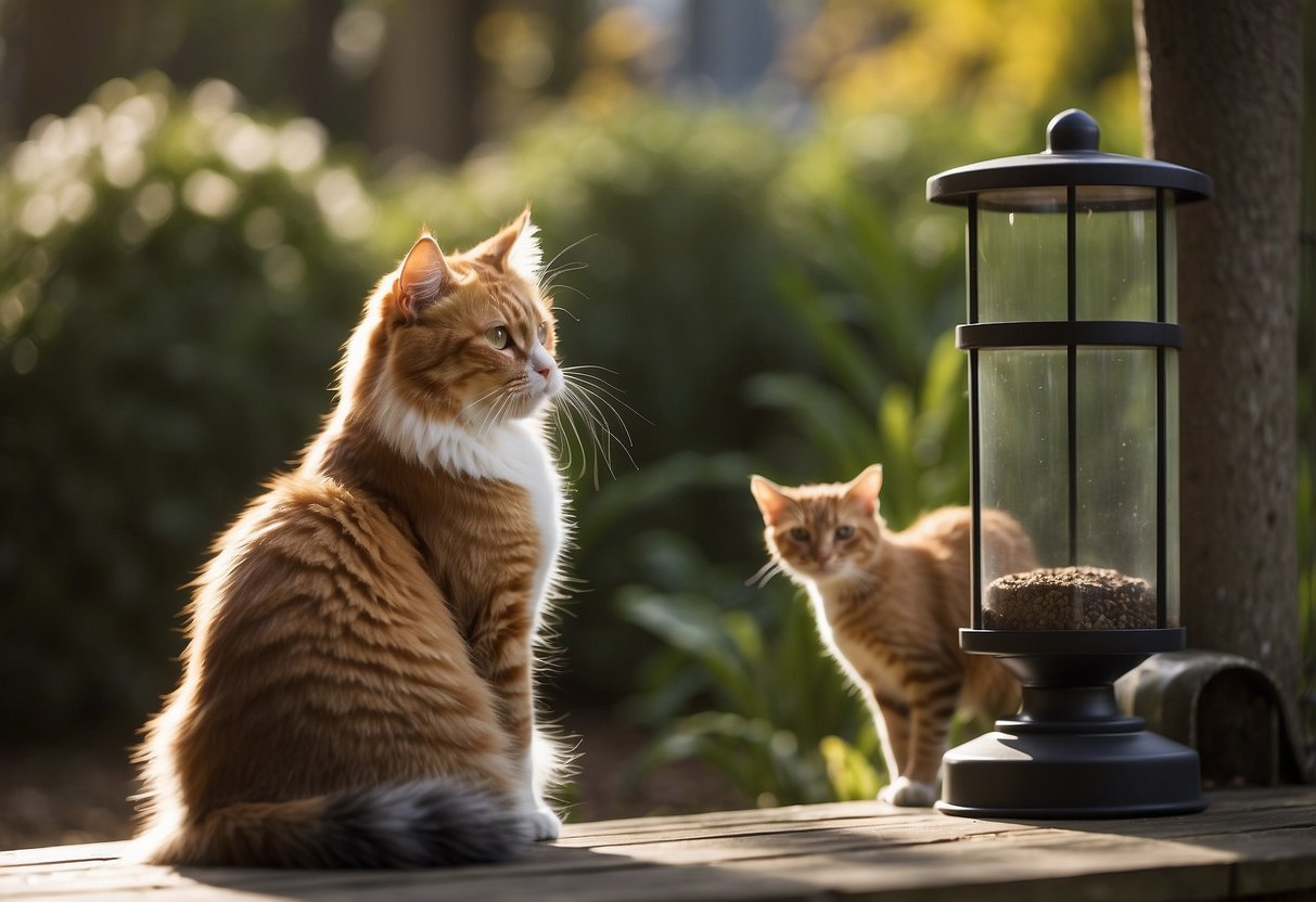 A dog and cat sit quietly, watching a bird feeder. The dog's ears perk up as a squirrel scurries by. The cat's tail twitches with interest