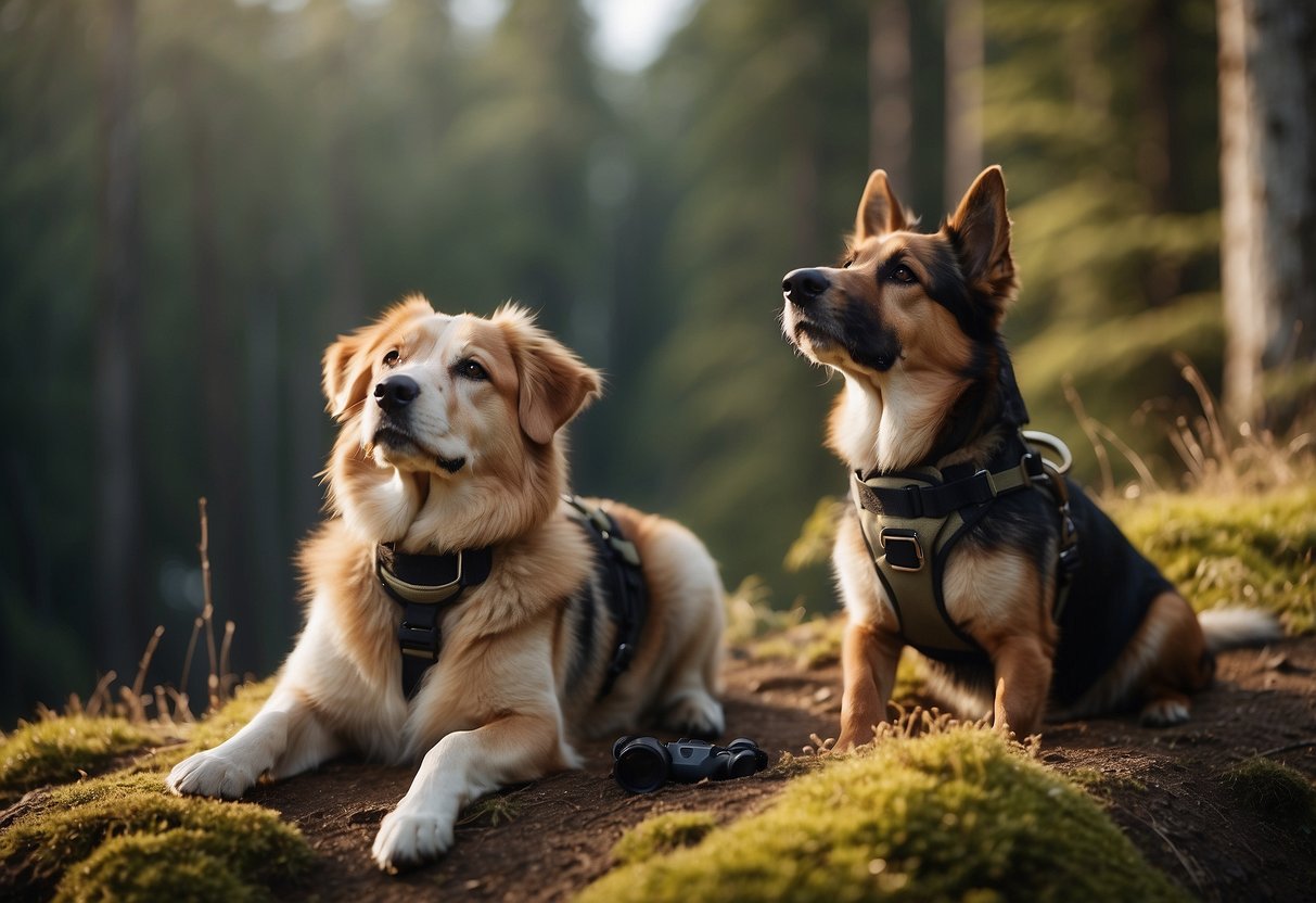 A dog sits quietly next to its owner, wearing a leash and harness. The owner holds a pair of binoculars, while the dog looks out eagerly at the surrounding nature