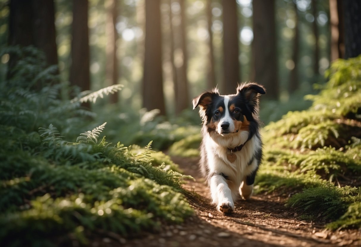 Lush forest with diverse wildlife, pet-friendly trails, and clear viewing areas. Dogs on leashes, birds in trees, and a serene atmosphere