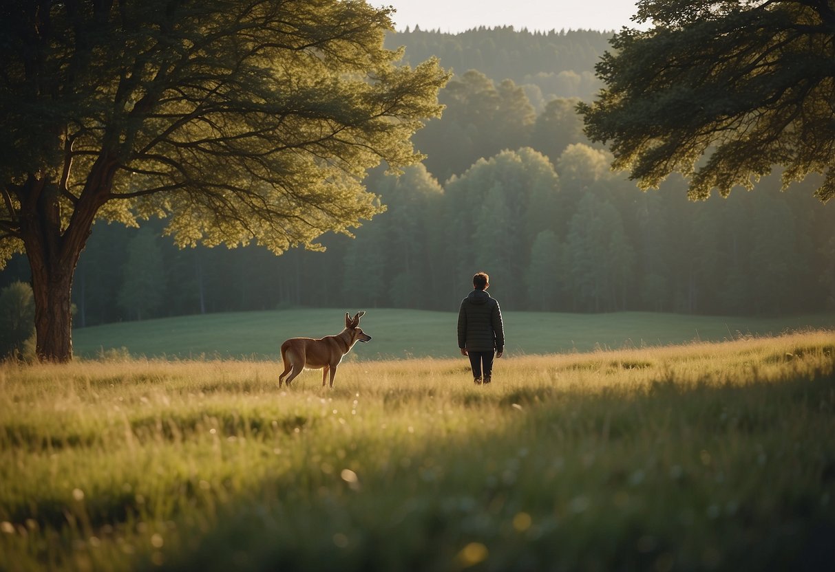 A dog and its owner quietly observe a deer in a peaceful meadow, following the 7 tips for wildlife watching with pets