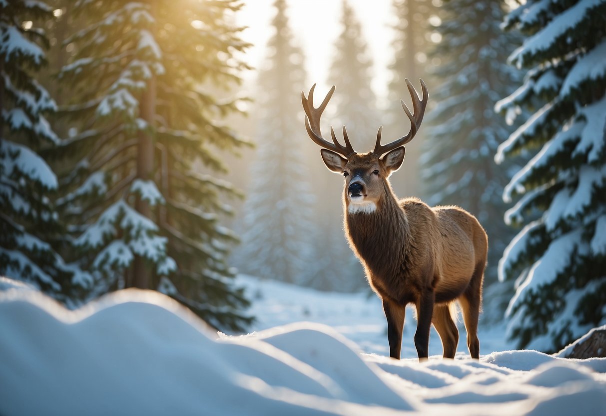 Snow-covered landscape with a variety of wildlife: deer, elk, wolves, and birds. Trees and mountains in the background