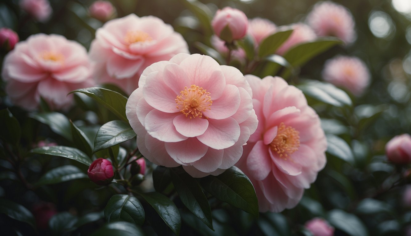 A garden filled with blooming camellia sasanqua paradise blush flowers