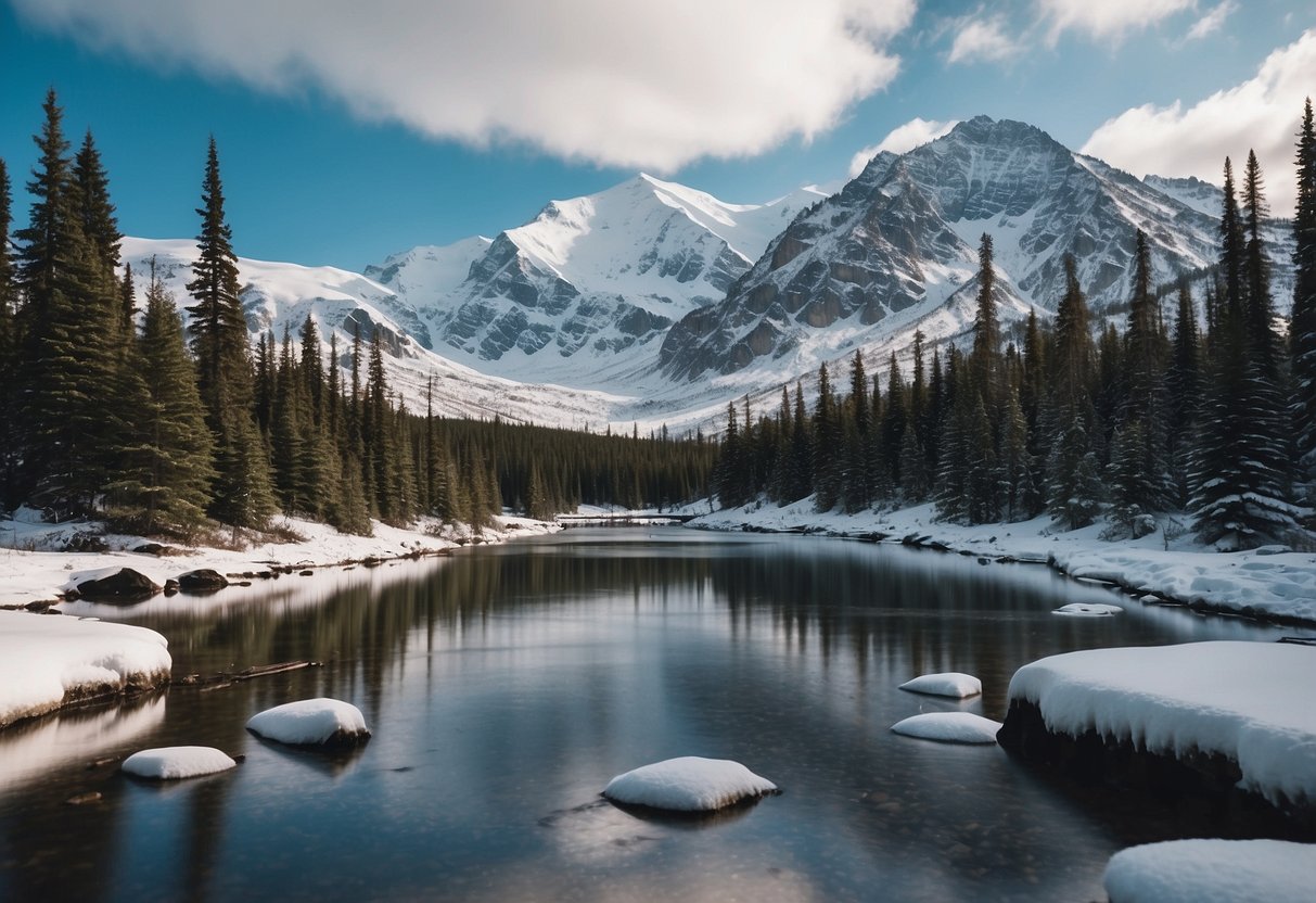 Snow-covered landscape with evergreen trees, a river, and wildlife such as moose, caribou, and wolves in Denali National Park and Preserve