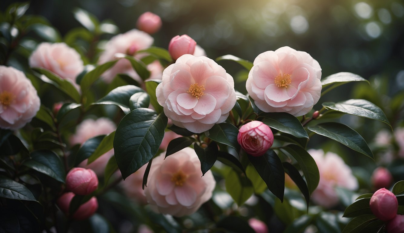 Lush garden with blooming camellia sasanqua paradise blush. Ancient origins evident in serene, timeless beauty