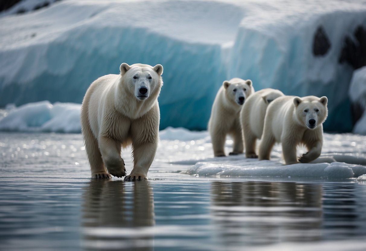 Polar bears roam snowy shores, while walruses bask on icy cliffs. Arctic foxes dart among rocky outcrops, as seals frolic in frigid waters. Glaciers loom in the distance, creating a stunning backdrop for