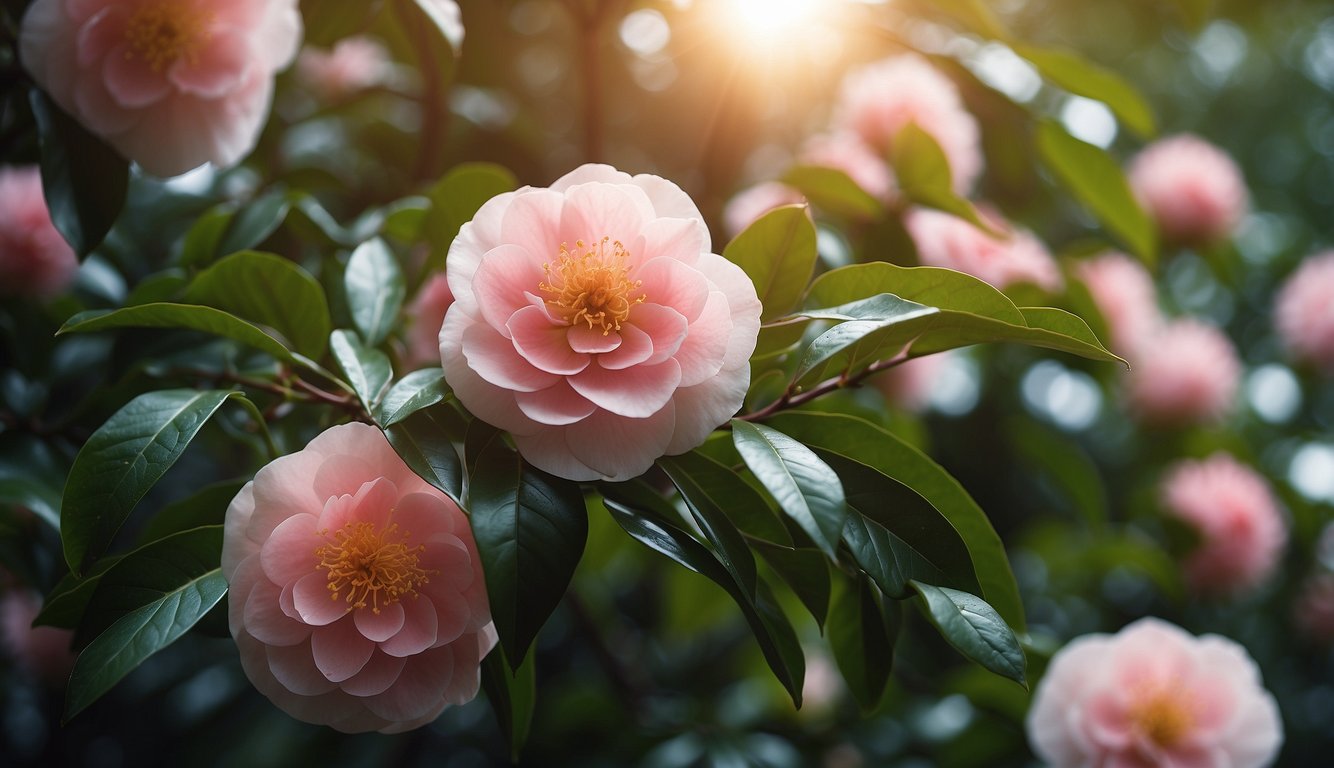 A garden filled with vibrant camellia sasanqua paradise blush blooms, surrounded by lush green foliage and dappled sunlight filtering through the branches