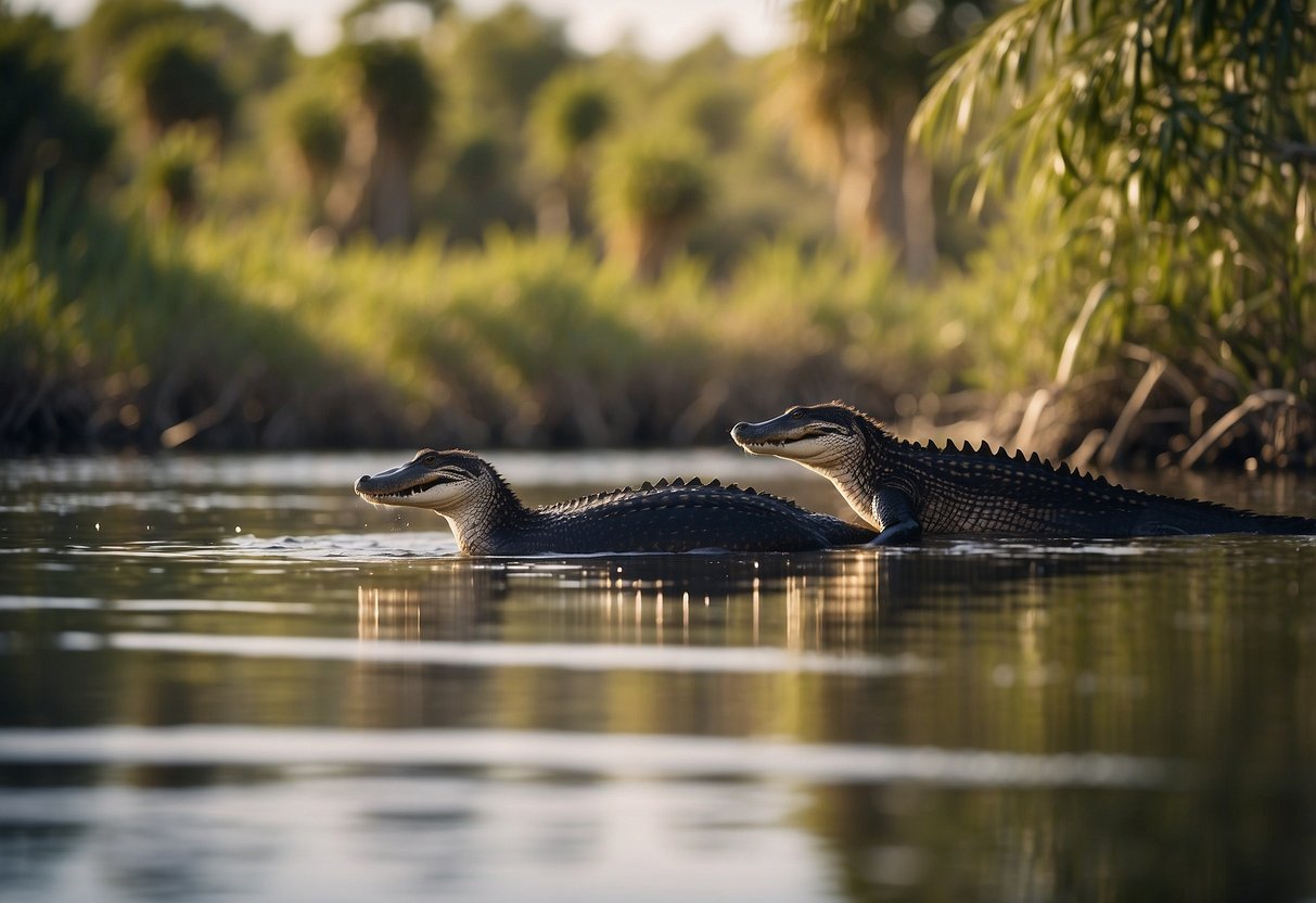 Birds flocking over marshes, alligators basking in the sun, and otters playing in the water among cypress trees in Everglades National Park