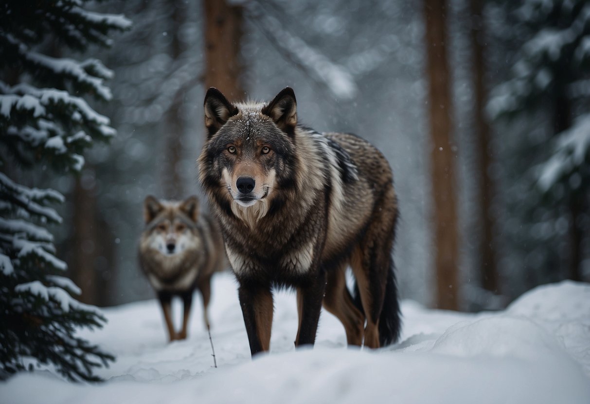 Snow-covered landscape with pine trees and a wolf pack hunting. Moose and foxes foraging in the distance. Eagles soaring overhead