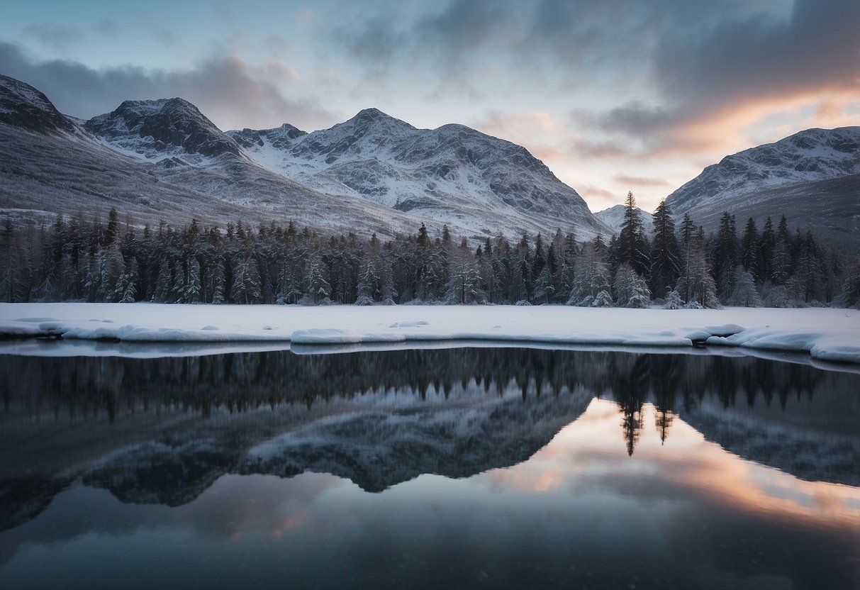 Snow-covered mountains, dense forests, and frozen lakes in Helgeland, Norway. Wildlife such as reindeer, moose, and sea eagles roam the winter landscape