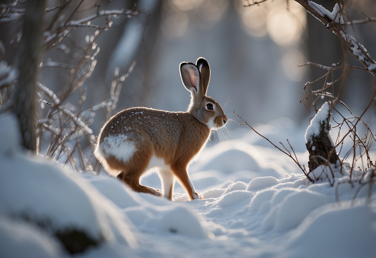 Animals foraging in snowy forest, tracks leading to burrows. Creek with ice forming, birds perched on branches. Snowshoe hare blending in with white landscape