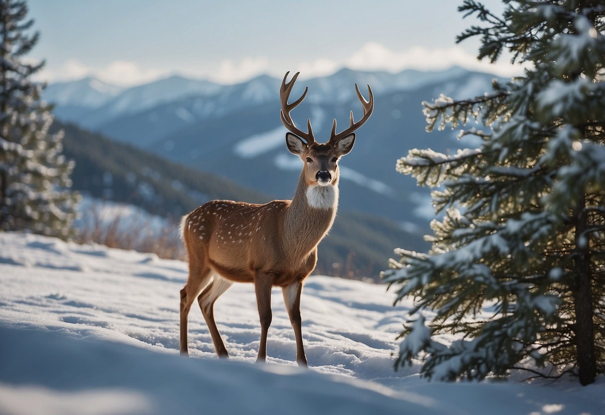 Snow-covered landscape with a variety of wildlife, including deer, foxes, and birds, against a backdrop of winter trees and mountains