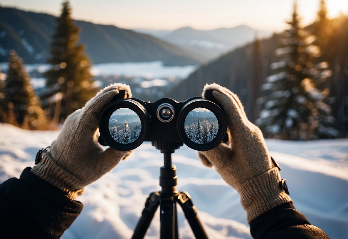 Snow-covered landscape with binoculars, camera, and warm clothing. Animals like deer, birds, and foxes in natural habitats