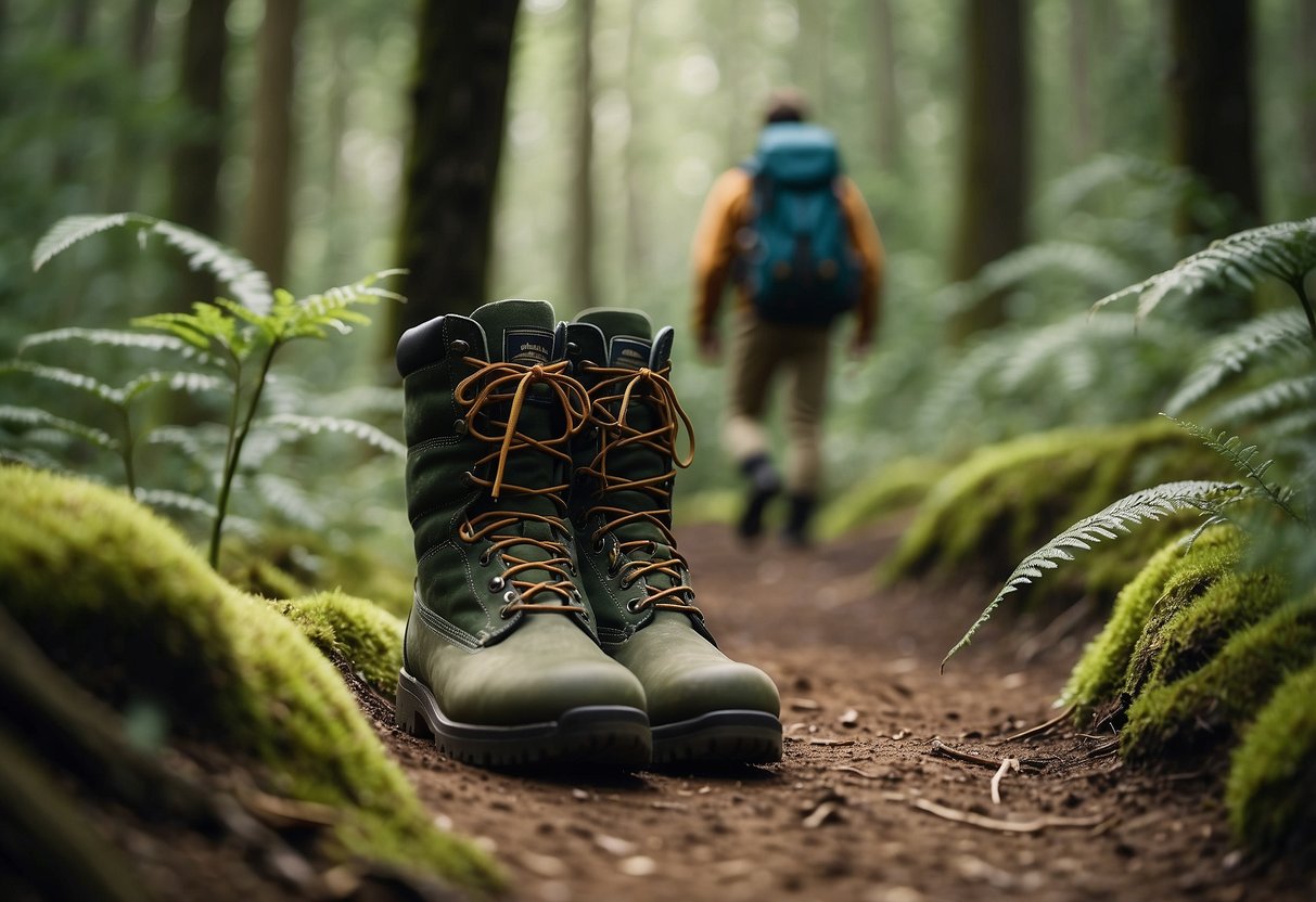 Lush forest with hikers' boots on a dirt path, binoculars hanging from a backpack, surrounded by diverse wildlife and birds