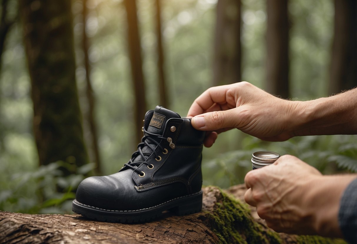 A hand applies anti-chafing balm to a hiking boot. Trees and wildlife in the background