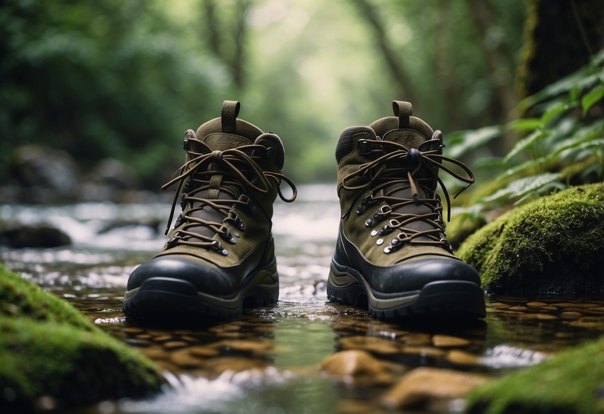 A pair of hiking boots surrounded by lush green foliage, with a gentle stream flowing nearby and a cool breeze blowing through the scene