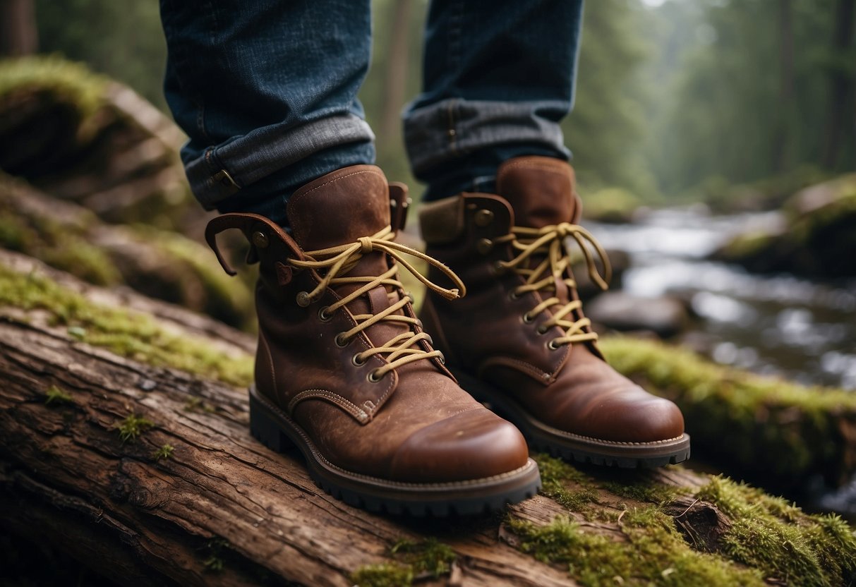 Feet resting on a log, surrounded by wildlife. Nearby, a pair of hiking boots with a hiker taking a break