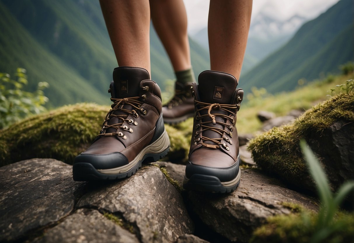 A hiker's boot carefully stepping over rocky terrain, surrounded by lush greenery and wildlife