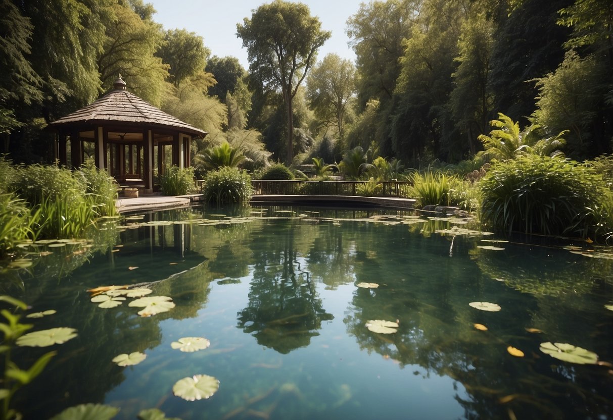 A serene pond surrounded by lush vegetation, with birds and animals congregating to drink and bathe in the clear, still water