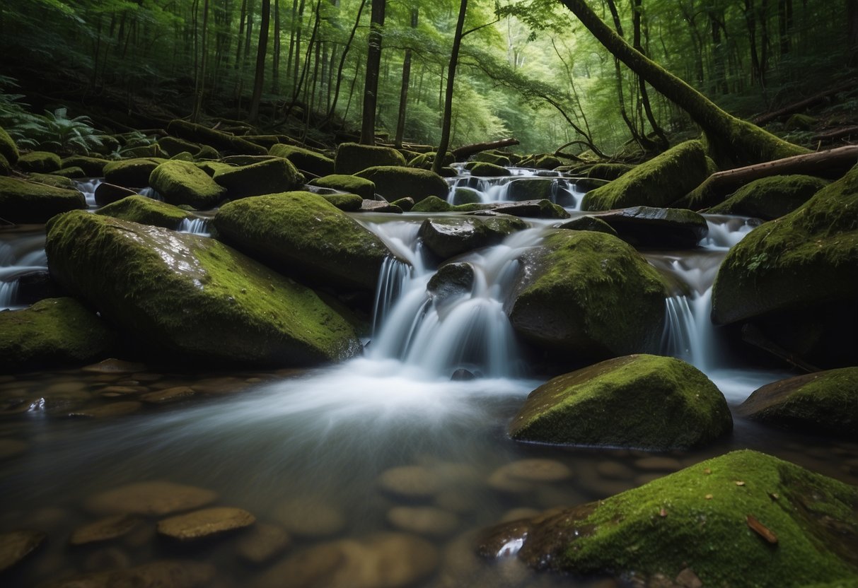 Lush forest with flowing streams, clear ponds, and cascading waterfalls in Great Smoky Mountains National Park. Wildlife drinking and bathing in the pristine water sources