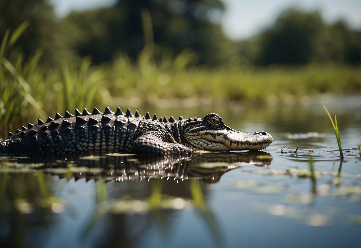 Lush marshland teeming with life, alligators basking in the sun, birds diving for fish, and turtles gliding through the clear waters