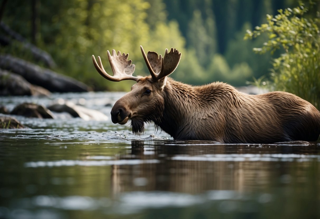 Lush greenery surrounds a winding river, where a moose sips water. Nearby, a bear catches fish in a crystal-clear stream. Birds flutter around a tranquil pond, while a family of otters playfully splashes in the water