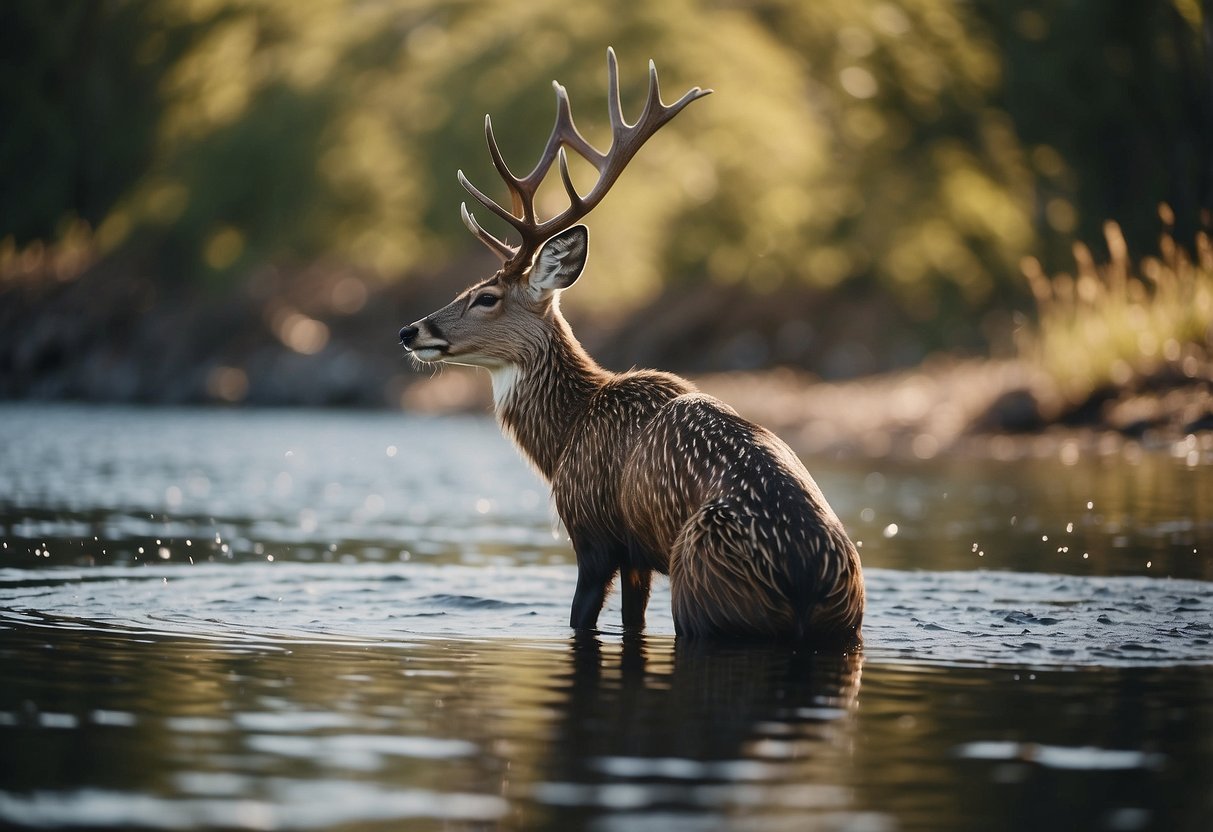 Wildlife near water: birds in flight, deer drinking, fish jumping, and beavers building dams. Peaceful, serene, and full of natural beauty