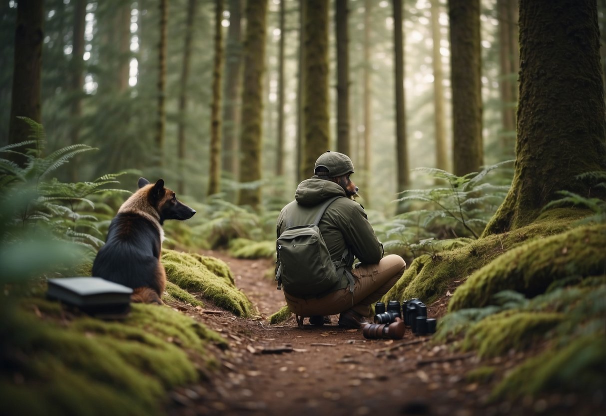 Wildlife watching in a serene forest. A hiker quietly observes animals, leaving no trace behind. Binoculars, camera, and a journal are placed on the ground