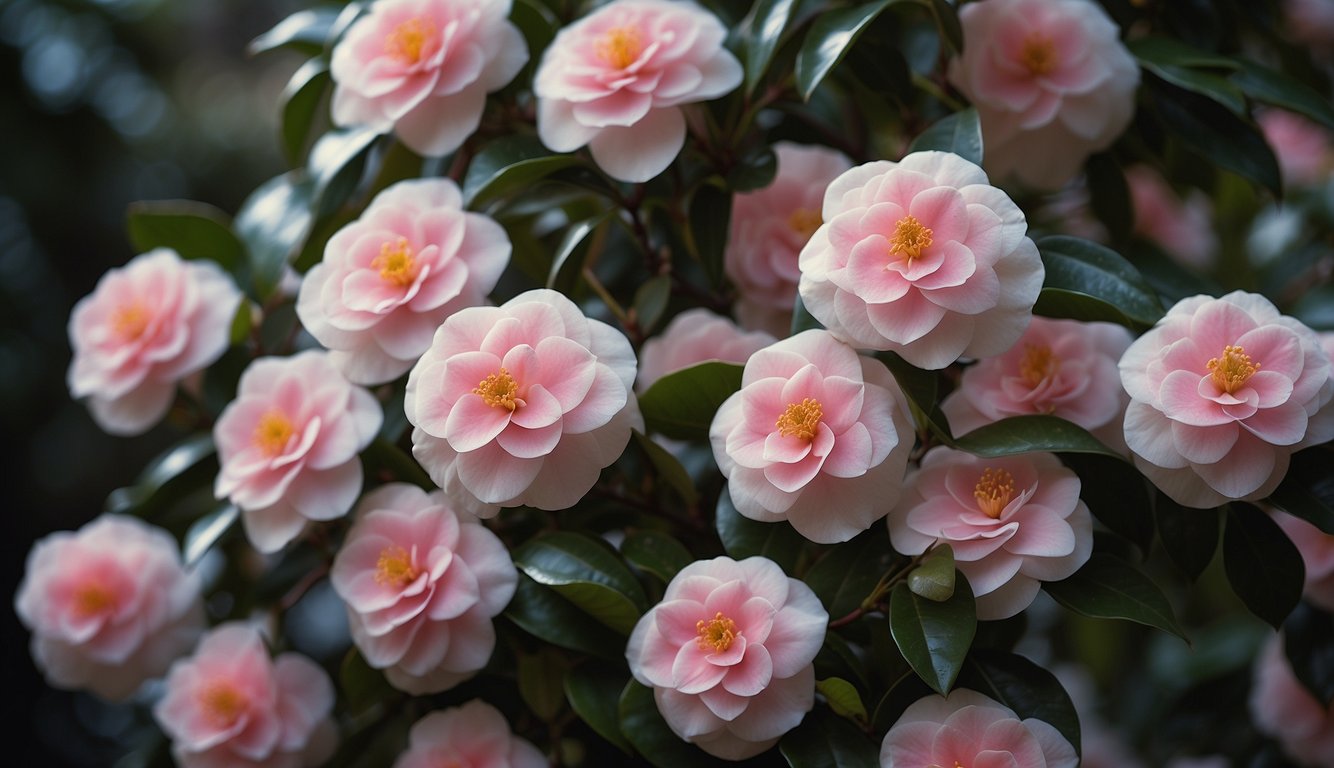 A cluster of camellia flowers, each with star-shaped petals, arranged in a cascading pattern