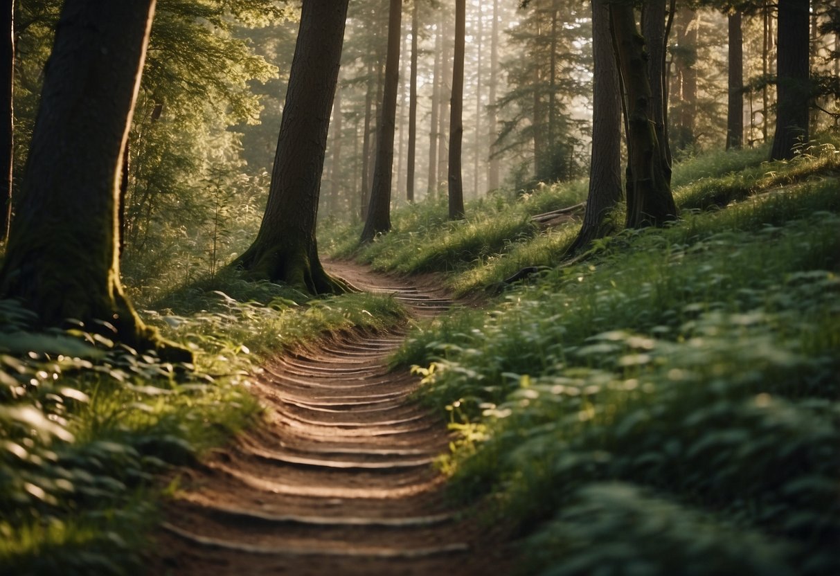 A winding trail through a forest, with wildlife peeking out from the trees. No human presence, just the peaceful coexistence of nature