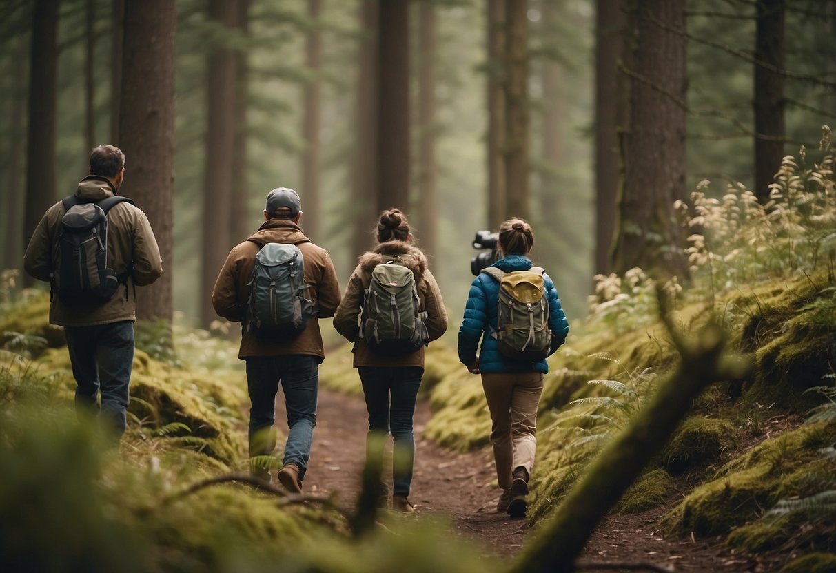 A small group of hikers quietly observes a family of deer from a safe distance, using binoculars and keeping their voices low. They avoid trampling vegetation and leave nothing behind